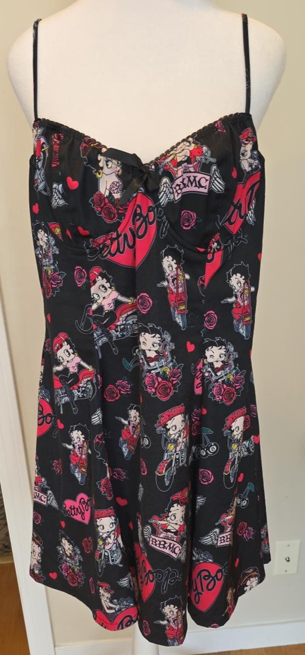 Dolls Kill x Betty Boop Tough Betty A-Line Mini Dress XXL Black Moto Satin Y2K